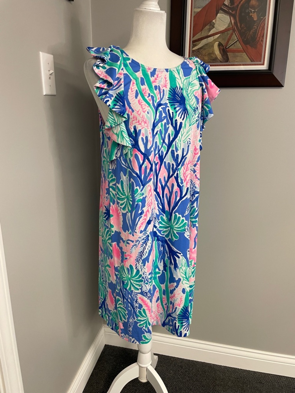 Lilly Pulitzer Esmeralda Midi Dress Jet Stream Size Large Stretch Coral Reef Lg - Picture 2 of 7